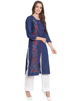 embroidered denim straight kurta - 16239877 - Standard Image - 2