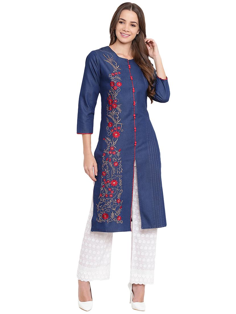 embroidered denim straight kurta - 16239877 - Zoom Image - 1