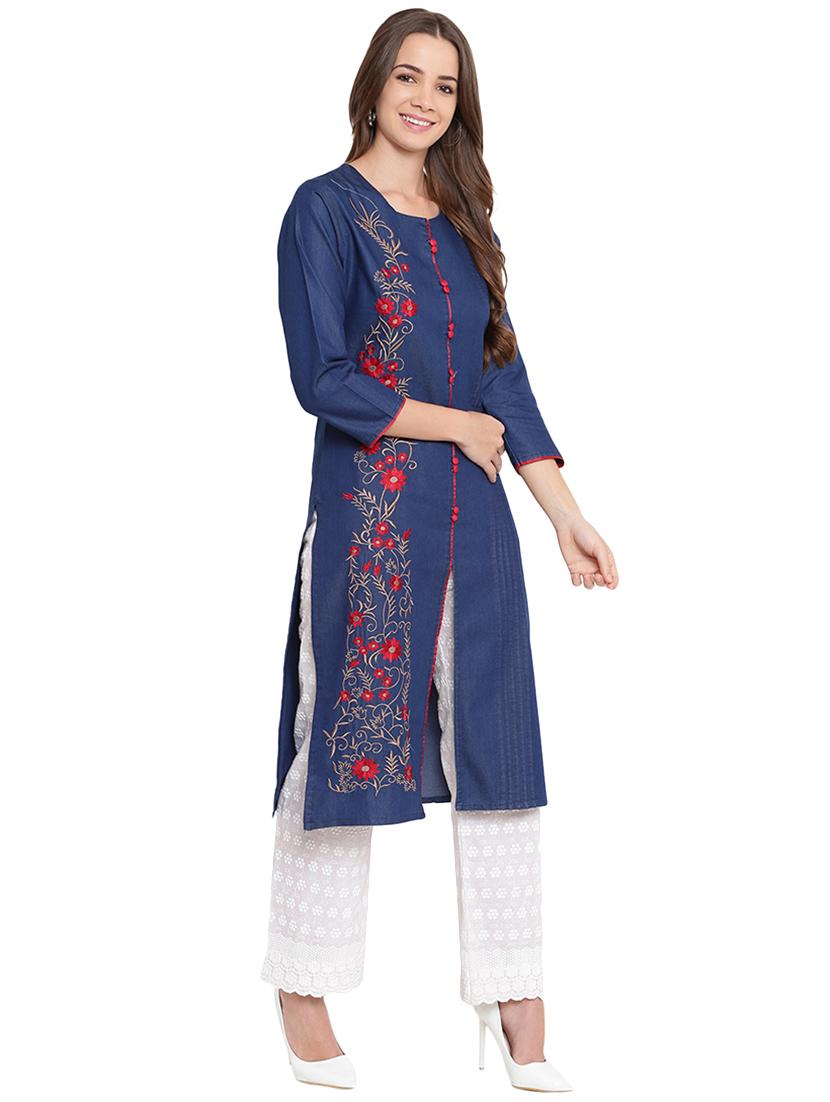 embroidered denim straight kurta - 16239877 - Zoom Image - 2