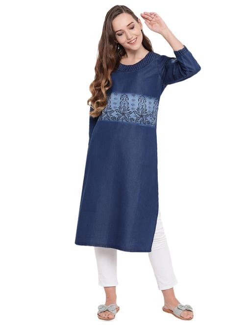printed denim kurta with jacket - 16239881 - Standard Image - 1