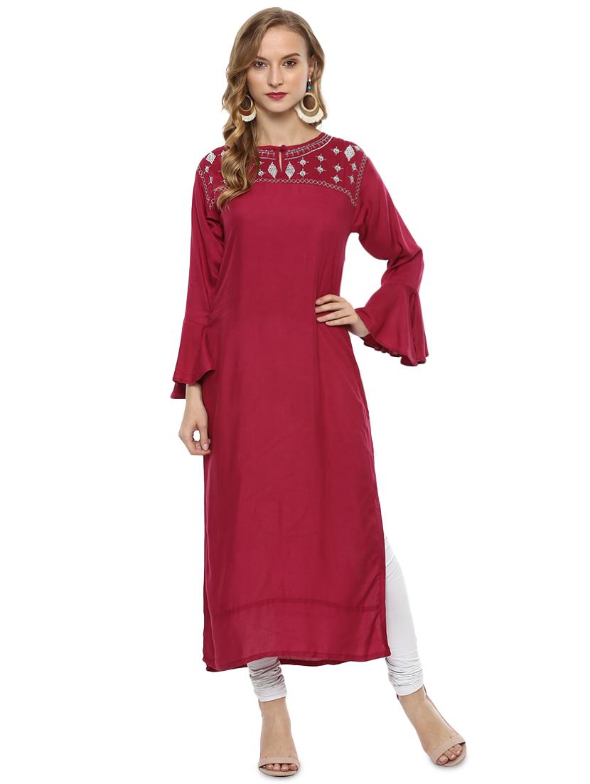 Embroidered bell sleeved straight kurta - 16241333 - Zoom Image - 1
