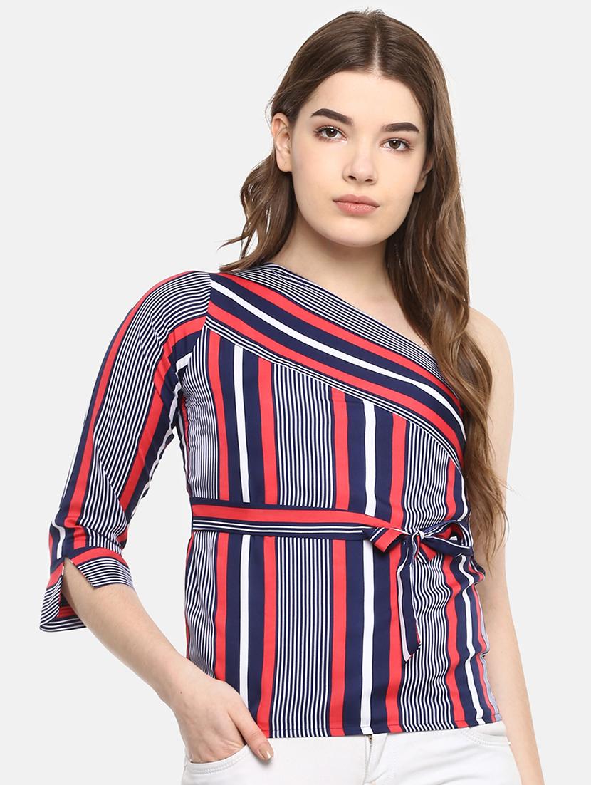 tie front striped single shoulder top - 16244621 - Zoom Image - 1