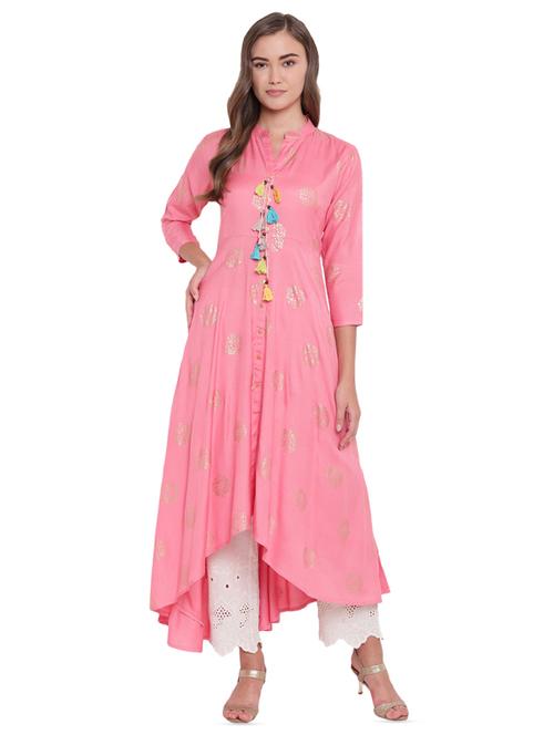 block printed high-low flared kurta - 16244631 - Standard Image - 1