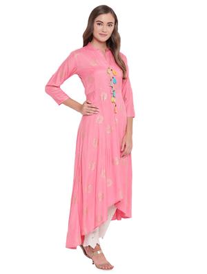 block printed high-low flared kurta - 16244631 - Standard Image - 2