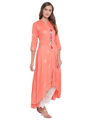 block printed high-low flared kurta - 16244632 - Standard Image - 2