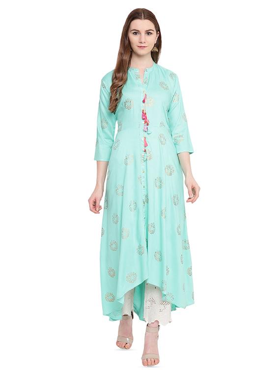 block printed high-low flared kurta - 16244645 - Zoom Image - 1