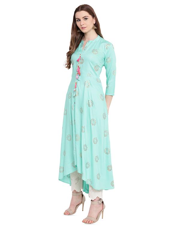 block printed high-low flared kurta - 16244645 - Zoom Image - 2