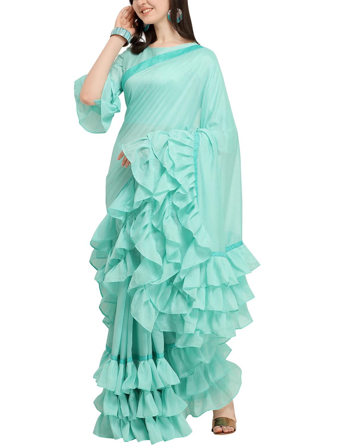 Ruffle bordered fusion saree with blouse - 16245618 - Zoom Image - 1