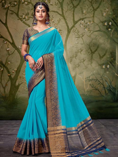 zari border woven saree with blouse - 16246092 - Standard Image - 1