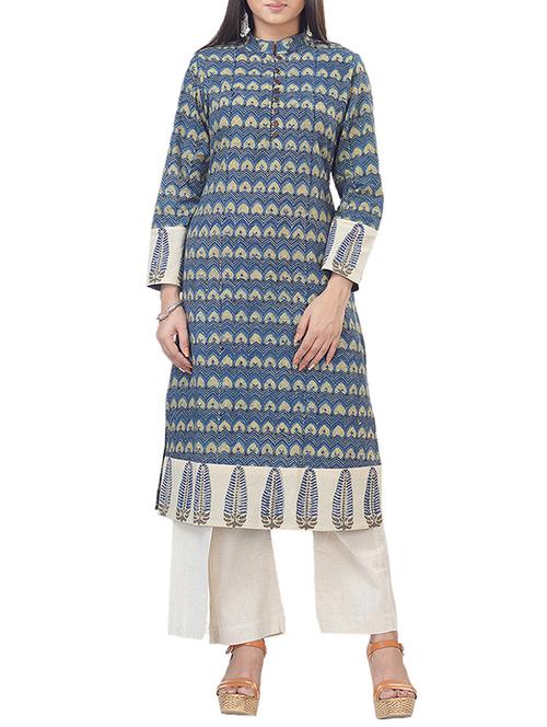 indigo printed straight kurta - 16252882 - Standard Image - 1