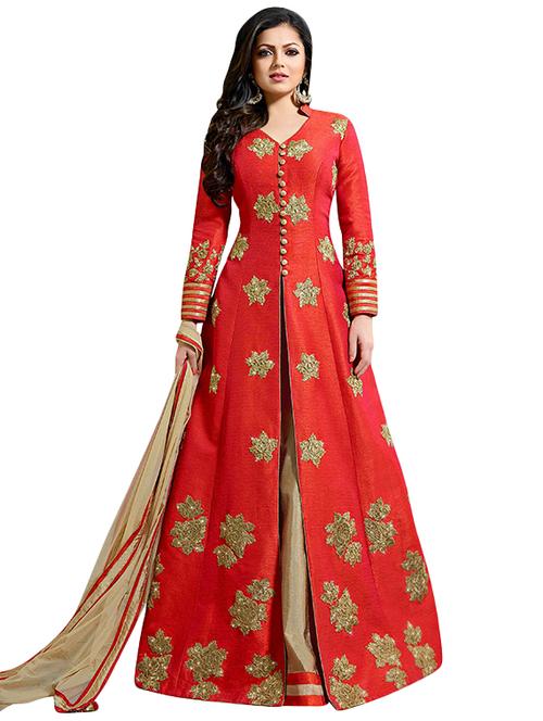 embroidered semi-stitched anarakali suit - 16255305 - Standard Image - 1