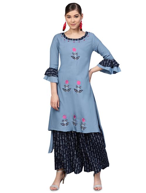 embroidered kurta with sharara set - 16256370 - Standard Image - 1