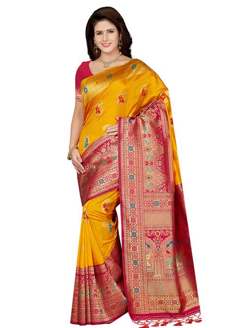 contrast zari border woven saree with blouse - 16256570 - Standard Image - 1