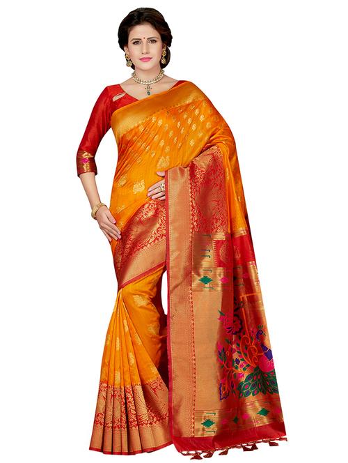 contrast zari border woven saree with blouse - 16256575 - Standard Image - 1