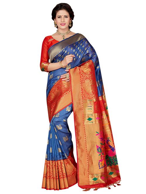 contrast zari border woven saree with blouse - 16256576 - Standard Image - 1