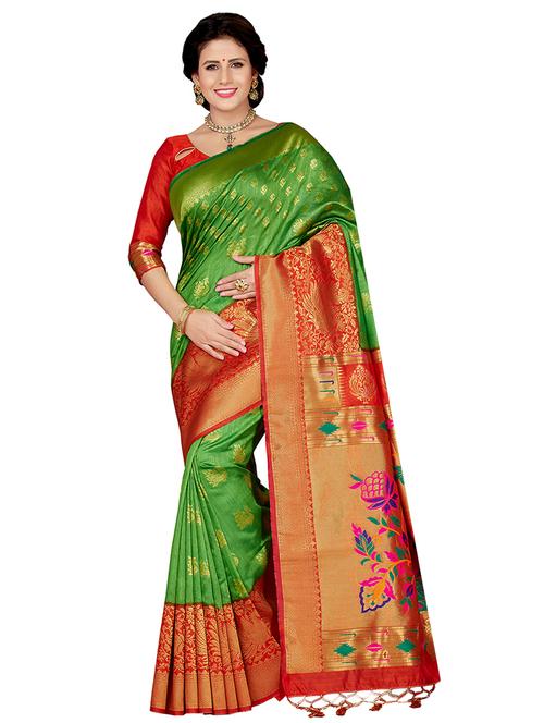 contrast zari border woven saree with blouse - 16256578 - Standard Image - 1