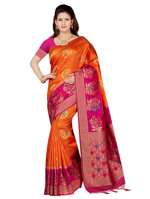 contrast zari border woven saree with blouse - 16256585 - Standard Image - 1