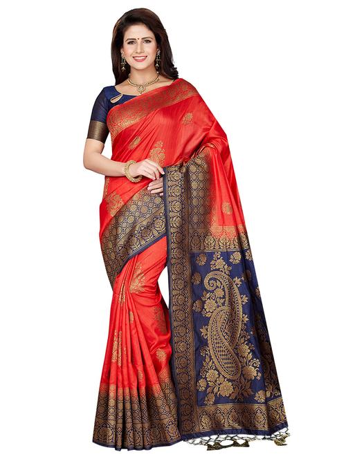 contrast zari border woven saree with blouse - 16256587 - Standard Image - 1