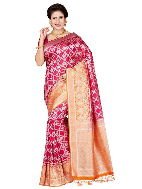 checkered zari motif woven saree with blouse - 16256596 - Standard Image - 1