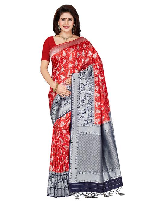 contrast zari border woven saree with blouse - 16256599 - Standard Image - 1