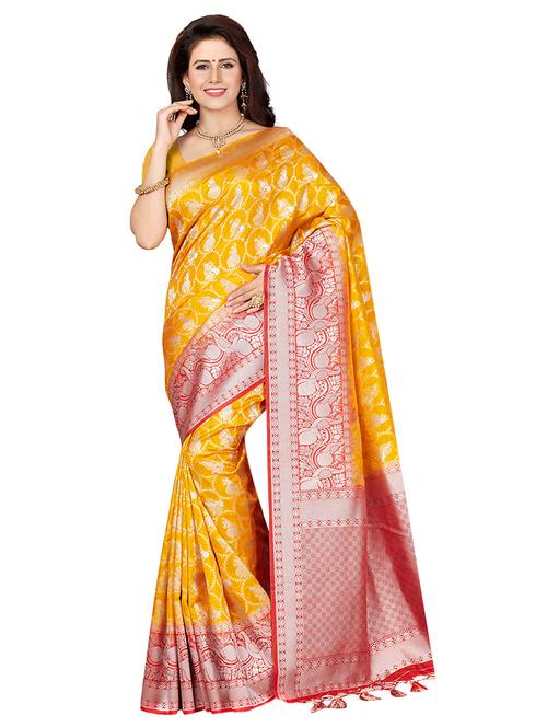 contrast zari border woven saree with blouse - 16256600 - Standard Image - 1
