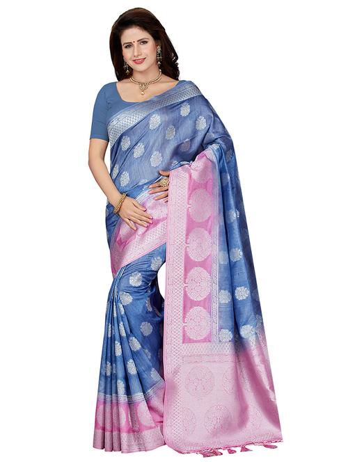 contrast zari border woven saree with blouse - 16256601 - Standard Image - 1