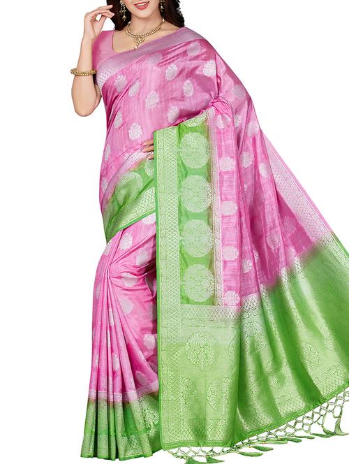 contrast zari border woven saree with blouse - 16256602 - Standard Image - 1