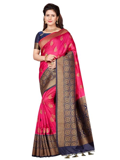 contrast zari border woven saree with blouse - 16256603 - Standard Image - 1