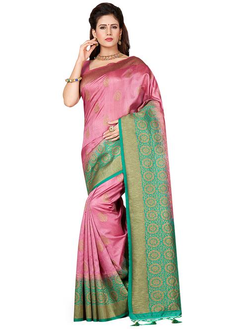 contrast zari border woven saree with blouse - 16256605 - Standard Image - 1