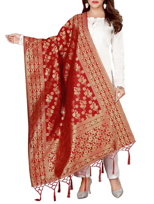red poly silk banarasi dupatta - 16257405 - Standard Image - 1