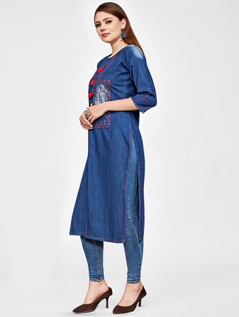 solid straight kurta with tassels - 16258330 - Zoom Image - 2