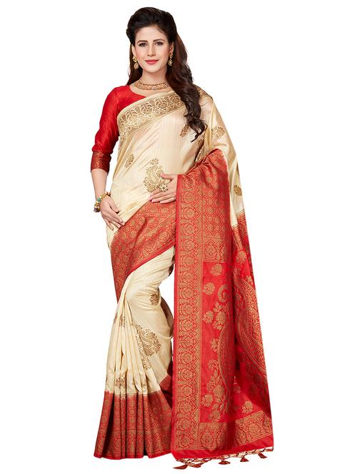 contrast zari border woven saree with blouse - 16258962 - Standard Image - 1