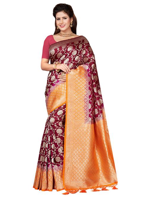 contrast zari border woven saree with blouse - 16258963 - Standard Image - 1