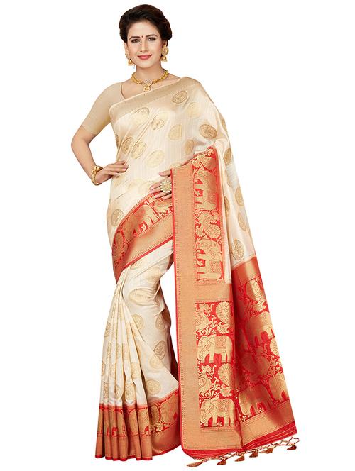 contrast zari border woven saree with blouse - 16258964 - Standard Image - 1
