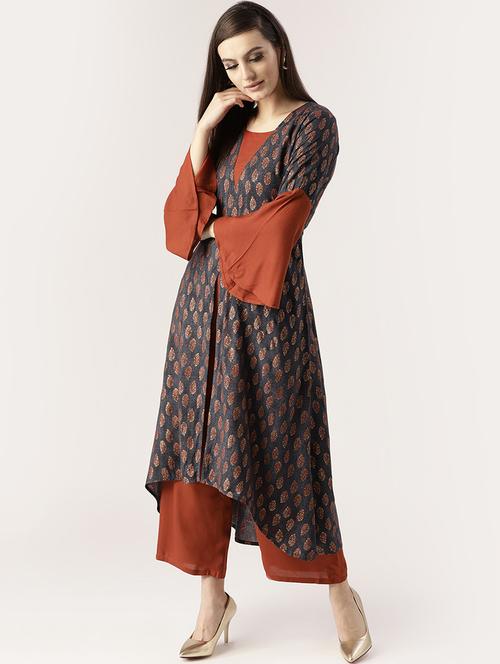Printed a-line kurta palazzo set - 16261471 - Standard Image - 1