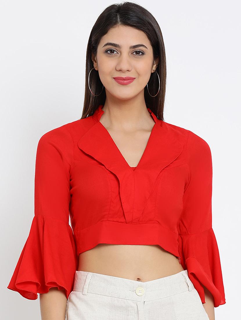 v neck belle sleeved crop top - 16262820 - Zoom Image - 1