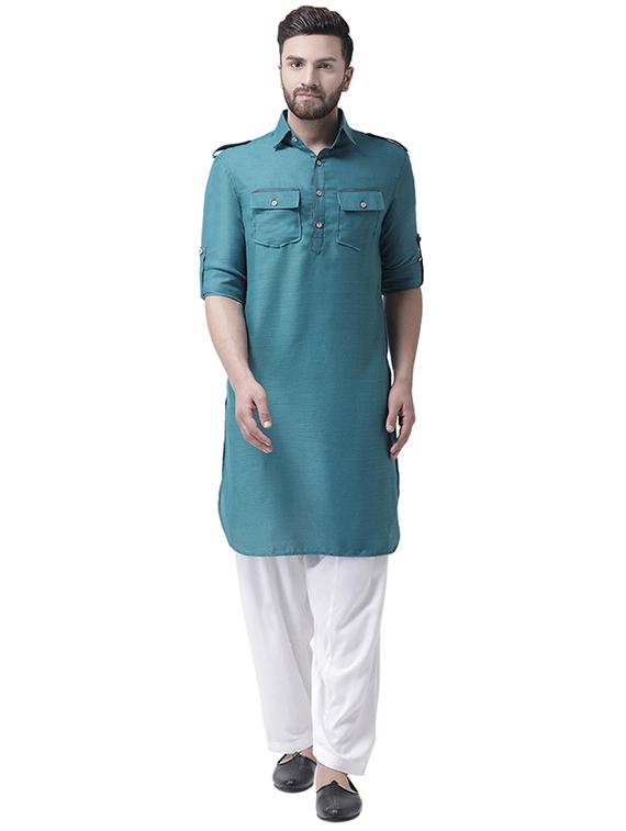 blue silk blend pathani kurta - 16263897 - Zoom Image - 1