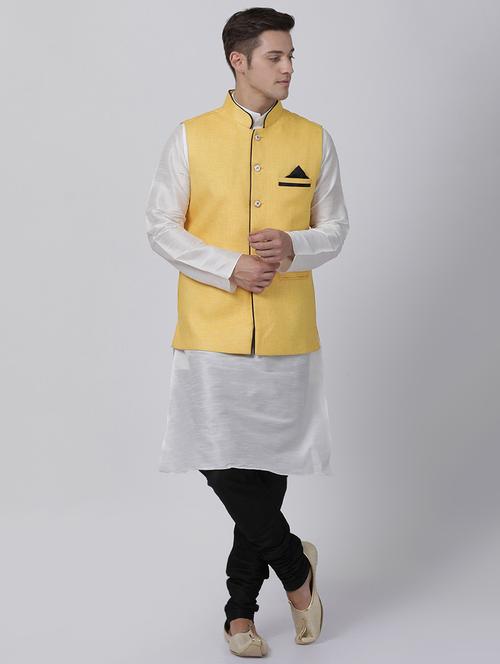 white silk blend kurta pyjama set with nehru jacket - 16263908 - Standard Image - 1
