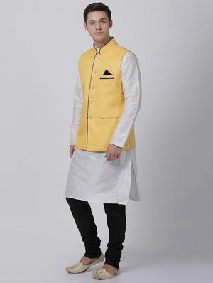 white silk blend kurta pyjama set with nehru jacket - 16263908 - Standard Image - 2