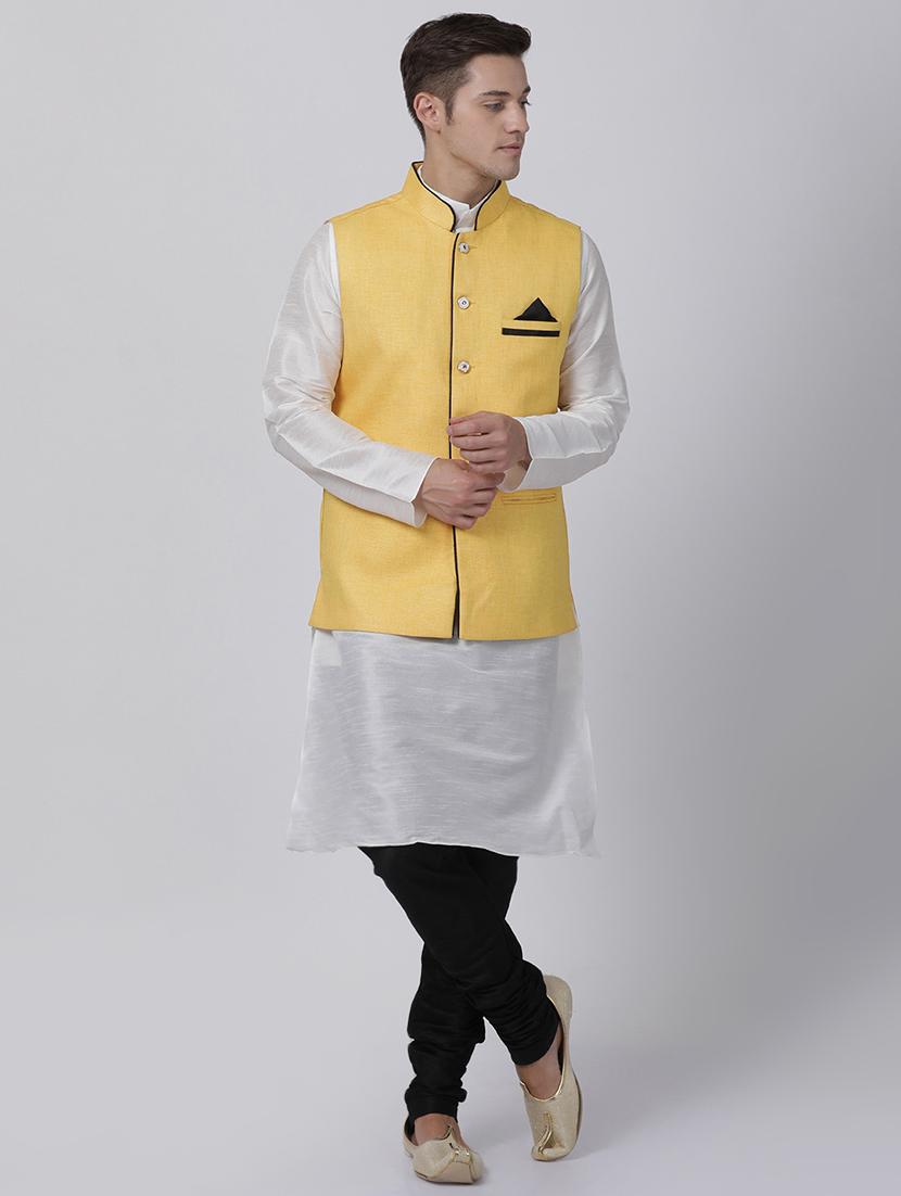 white silk blend kurta pyjama set with nehru jacket - 16263908 - Zoom Image - 1