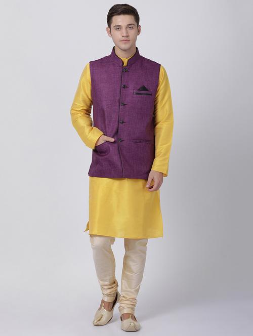 yellow silk blend kurta pyjama set with nehru jacket - 16263911 - Standard Image - 1