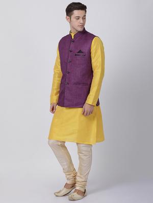 yellow silk blend kurta pyjama set with nehru jacket - 16263911 - Standard Image - 2