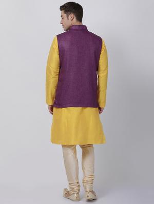 yellow silk blend kurta pyjama set with nehru jacket - 16263911 - Standard Image - 3