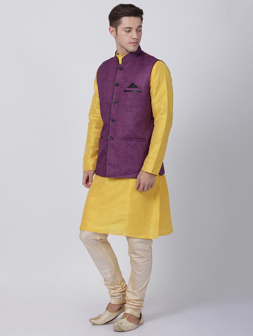 yellow silk blend kurta pyjama set with nehru jacket - 16263911 - Zoom Image - 2