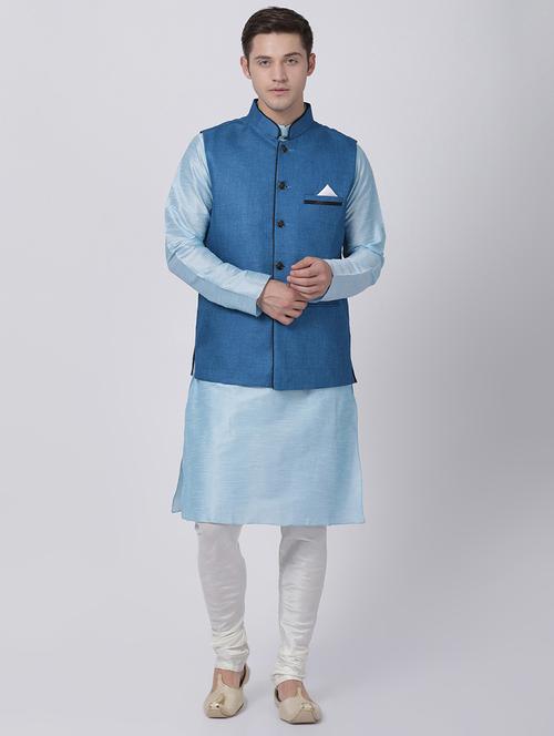 blue silk blend kurta pyjama set with nehru jacket - 16263917 - Standard Image - 1