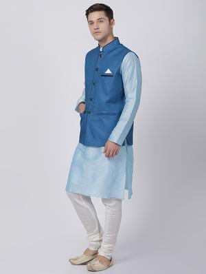 blue silk blend kurta pyjama set with nehru jacket - 16263917 - Standard Image - 2