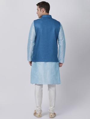 blue silk blend kurta pyjama set with nehru jacket - 16263917 - Standard Image - 3