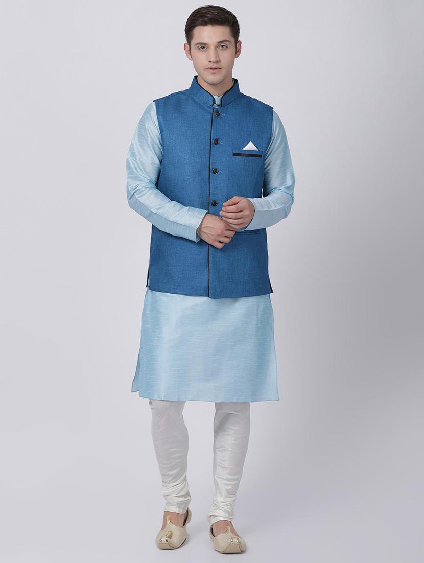 blue silk blend kurta pyjama set with nehru jacket - 16263917 - Zoom Image - 1