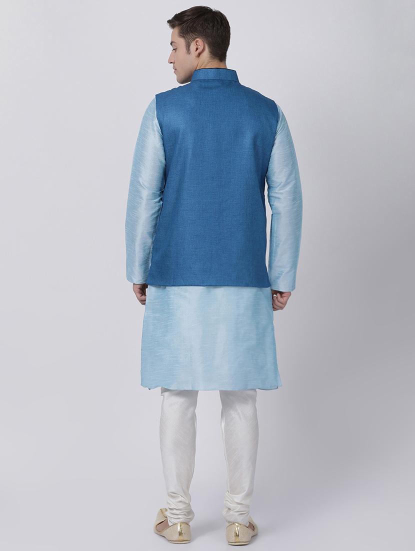 blue silk blend kurta pyjama set with nehru jacket - 16263917 - Zoom Image - 3
