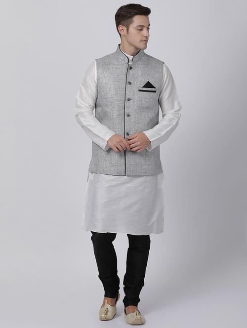 silver silk blend kurta pyjama set with nehru jacket - 16263927 - Standard Image - 1